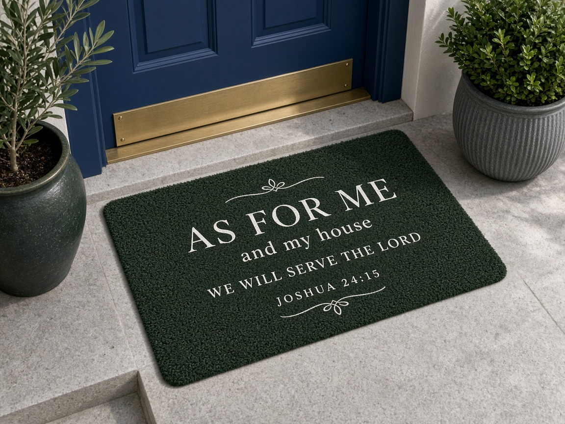 Faith-inspired custom Jamroots doormat at a doorway