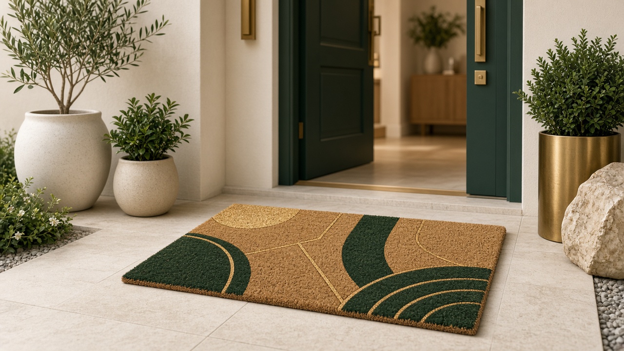 Custom Jamroots doormat at a modern entrance
