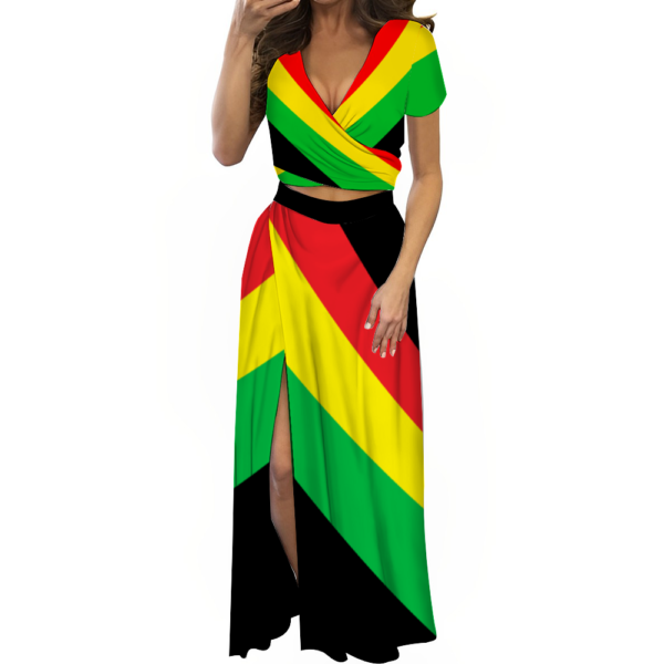 Jamaica Two Piece Outfit V-Neck Top and Long Skirt Set